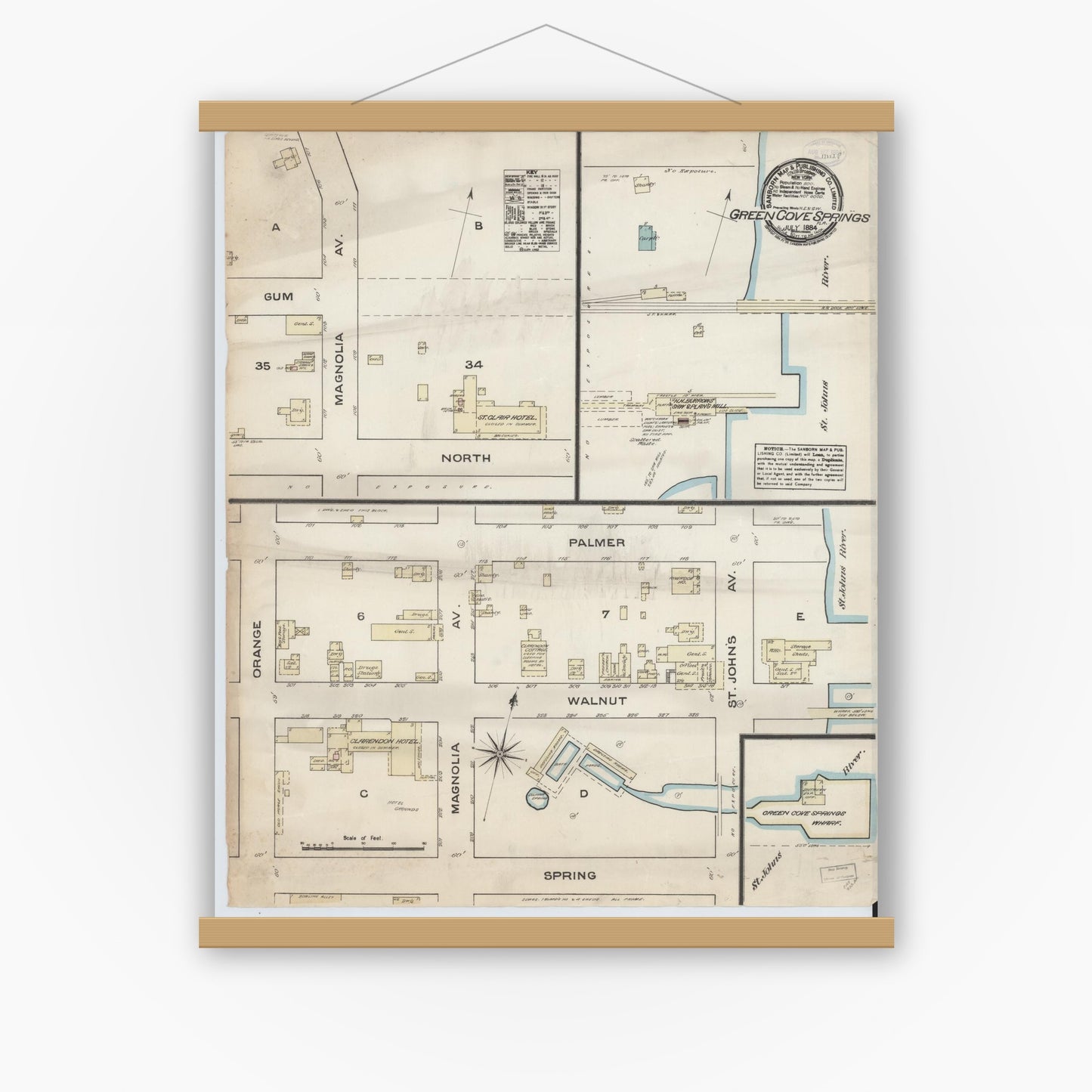 Old map wall art mockup — magnetic wood frame on white wall — Sanborn Fire Insurance Map from Green Cove Springs, Clay County, Florida (1884), Sheet #0001