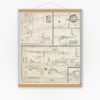 Old map wall art mockup — magnetic wood frame on white wall — Sanborn Fire Insurance Map from Green Cove Springs, Clay County, Florida (1884), Sheet #0001