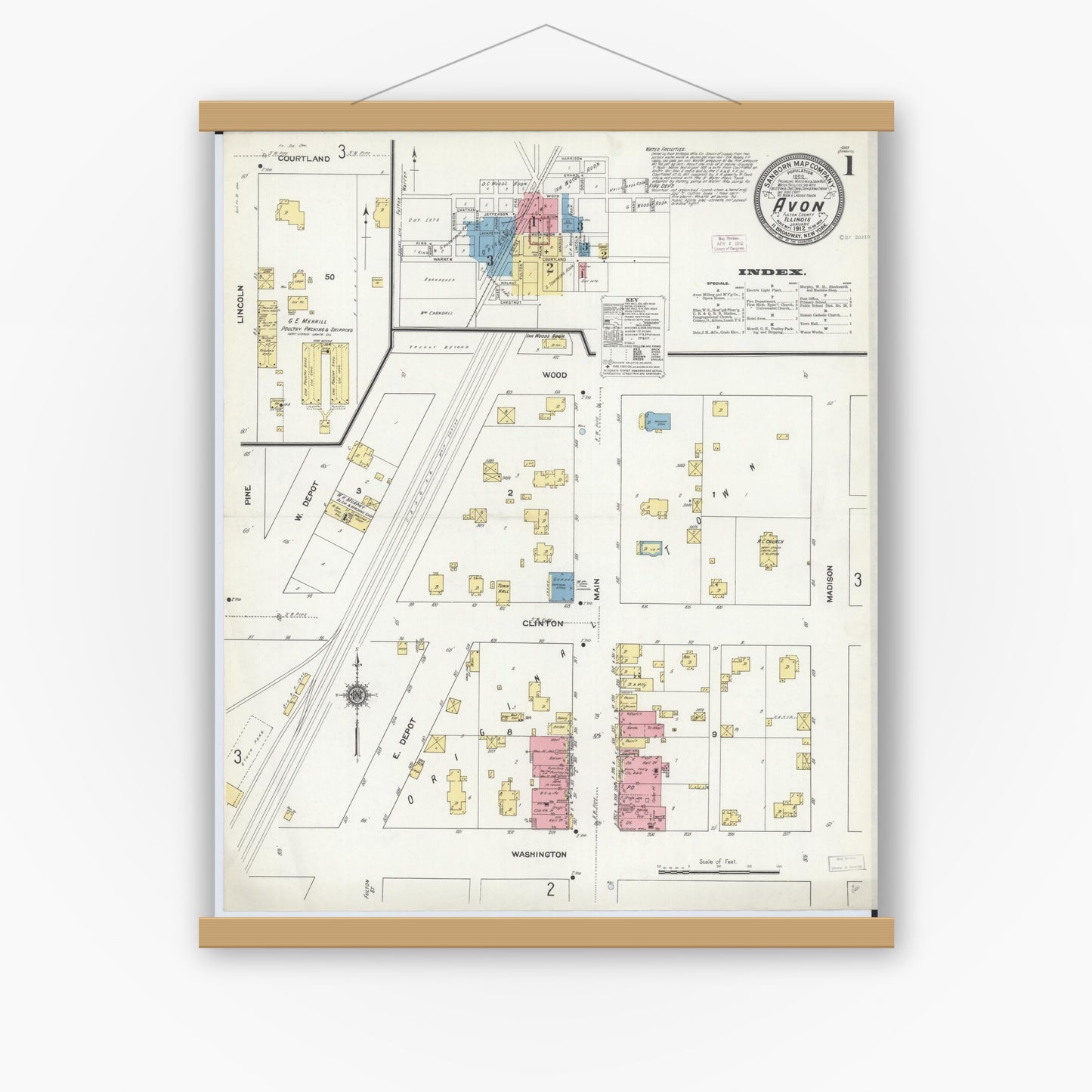 Old map wall art mockup — magnetic wood frame on white wall — Sanborn Fire Insurance Map from Avon, Fulton County, Illinois (1912) - Complete Map Set