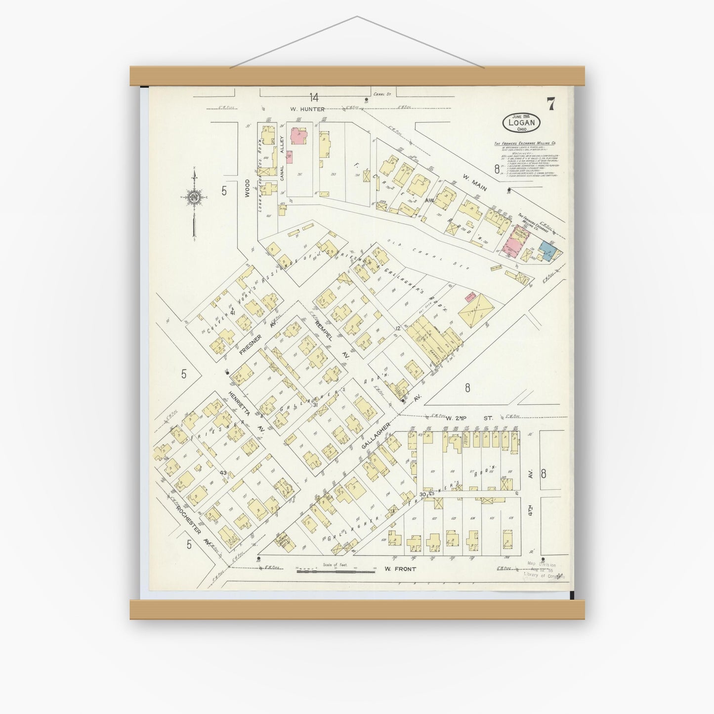 Old map wall art mockup — magnetic wood frame on white wall — Sanborn Fire Insurance Map from Logan, Hocking County, Ohio (1914), Sheet #0007