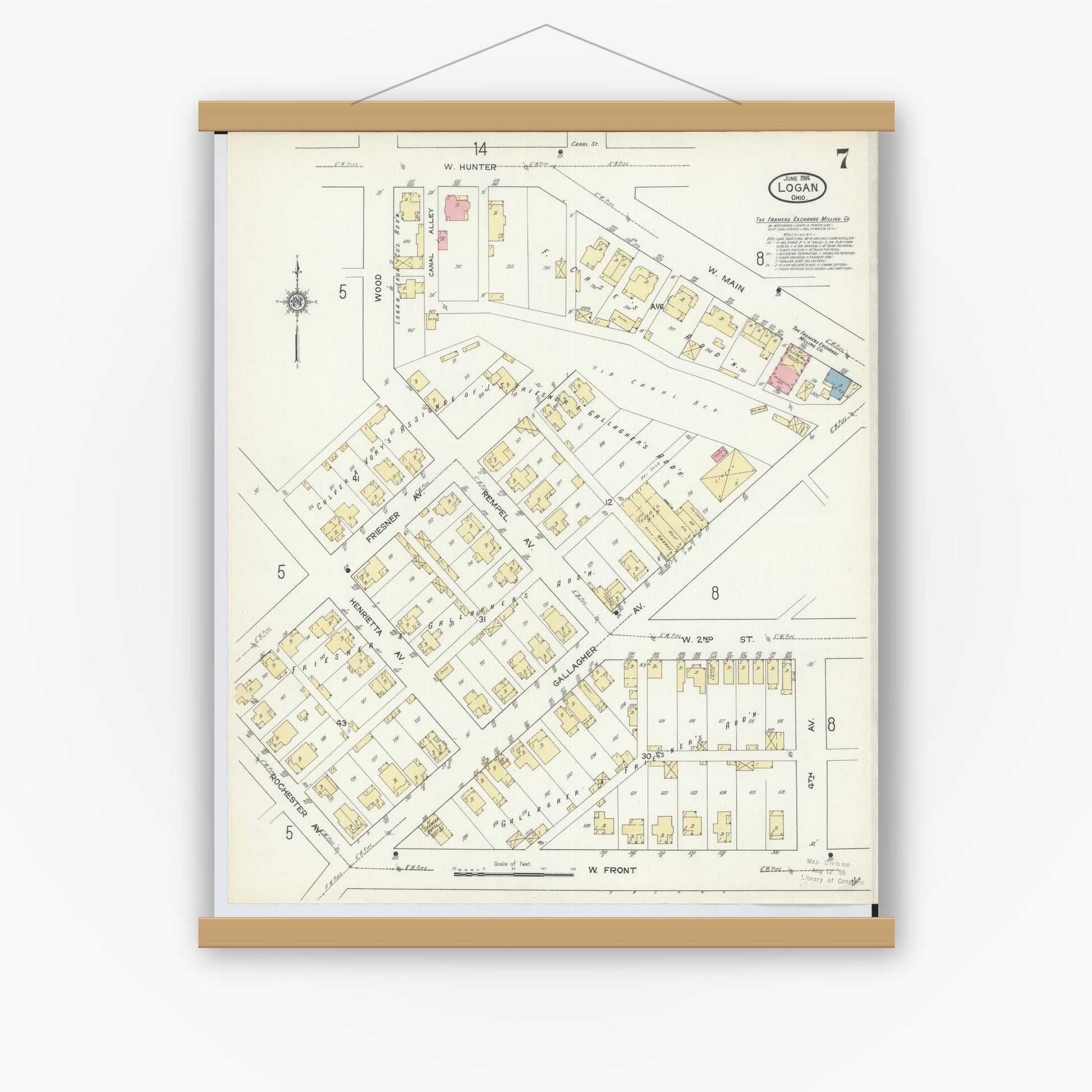 Old map wall art mockup — magnetic wood frame on white wall — Sanborn Fire Insurance Map from Logan, Hocking County, Ohio (1914), Sheet #0007