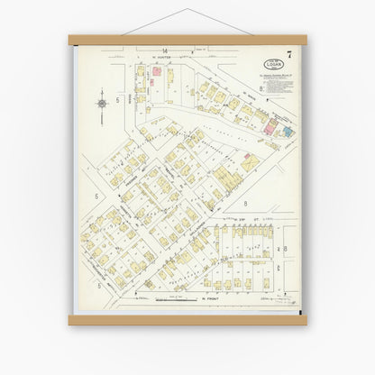 Old map wall art mockup — magnetic wood frame on white wall — Sanborn Fire Insurance Map from Logan, Hocking County, Ohio (1914), Sheet #0007