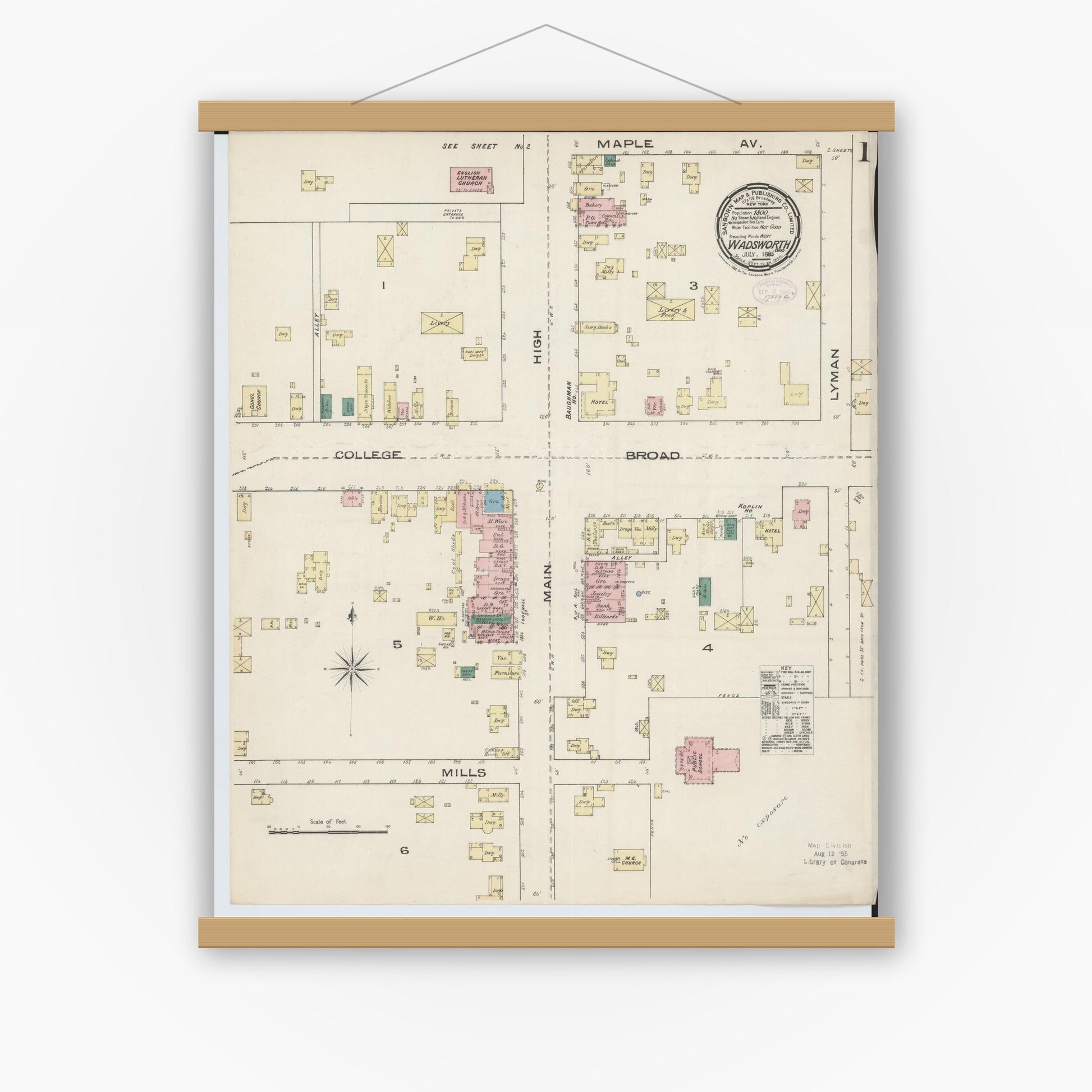 Old map wall art mockup — magnetic wood frame on white wall — Sanborn Fire Insurance Map from Wadsworth, Medina County, Ohio (1885), Sheet #0001