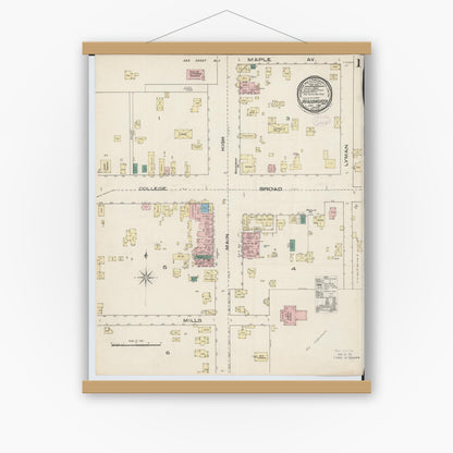 Old map wall art mockup — magnetic wood frame on white wall — Sanborn Fire Insurance Map from Wadsworth, Medina County, Ohio (1885), Sheet #0001