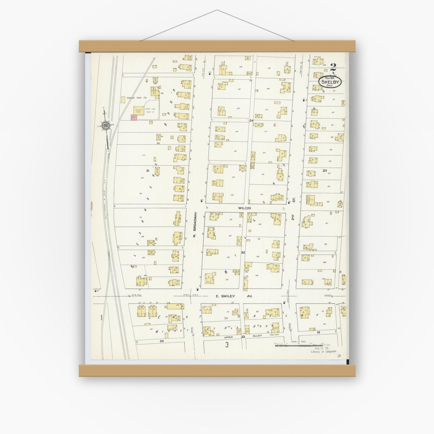 Old map wall art mockup — magnetic wood frame on white wall — Sanborn Fire Insurance Map from Shelby, Richland County, Ohio (1911), Sheet #0002