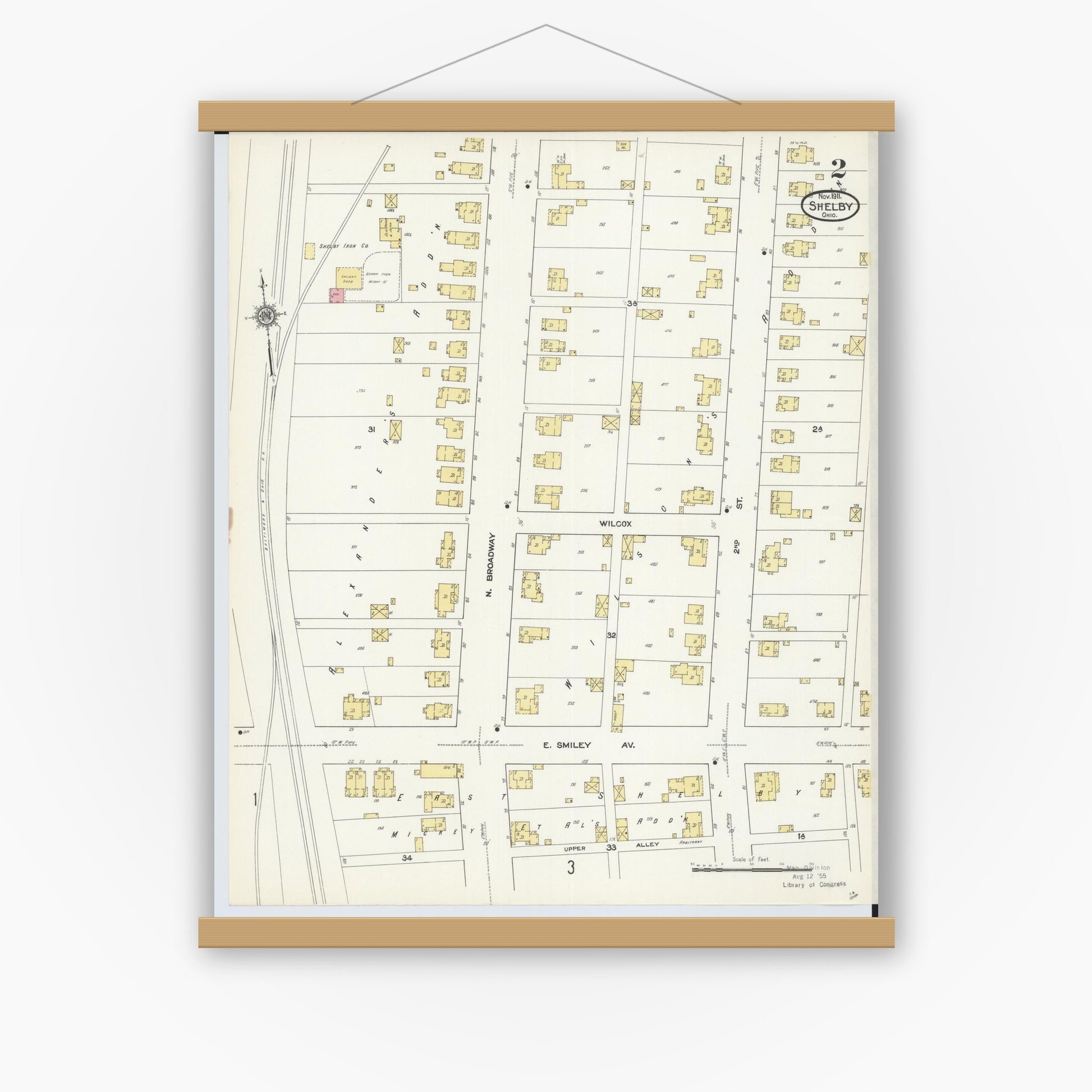 Old map wall art mockup — magnetic wood frame on white wall — Sanborn Fire Insurance Map from Shelby, Richland County, Ohio (1911), Sheet #0002