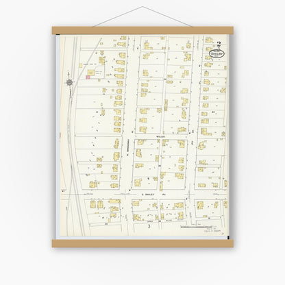 Old map wall art mockup — magnetic wood frame on white wall — Sanborn Fire Insurance Map from Shelby, Richland County, Ohio (1911), Sheet #0002