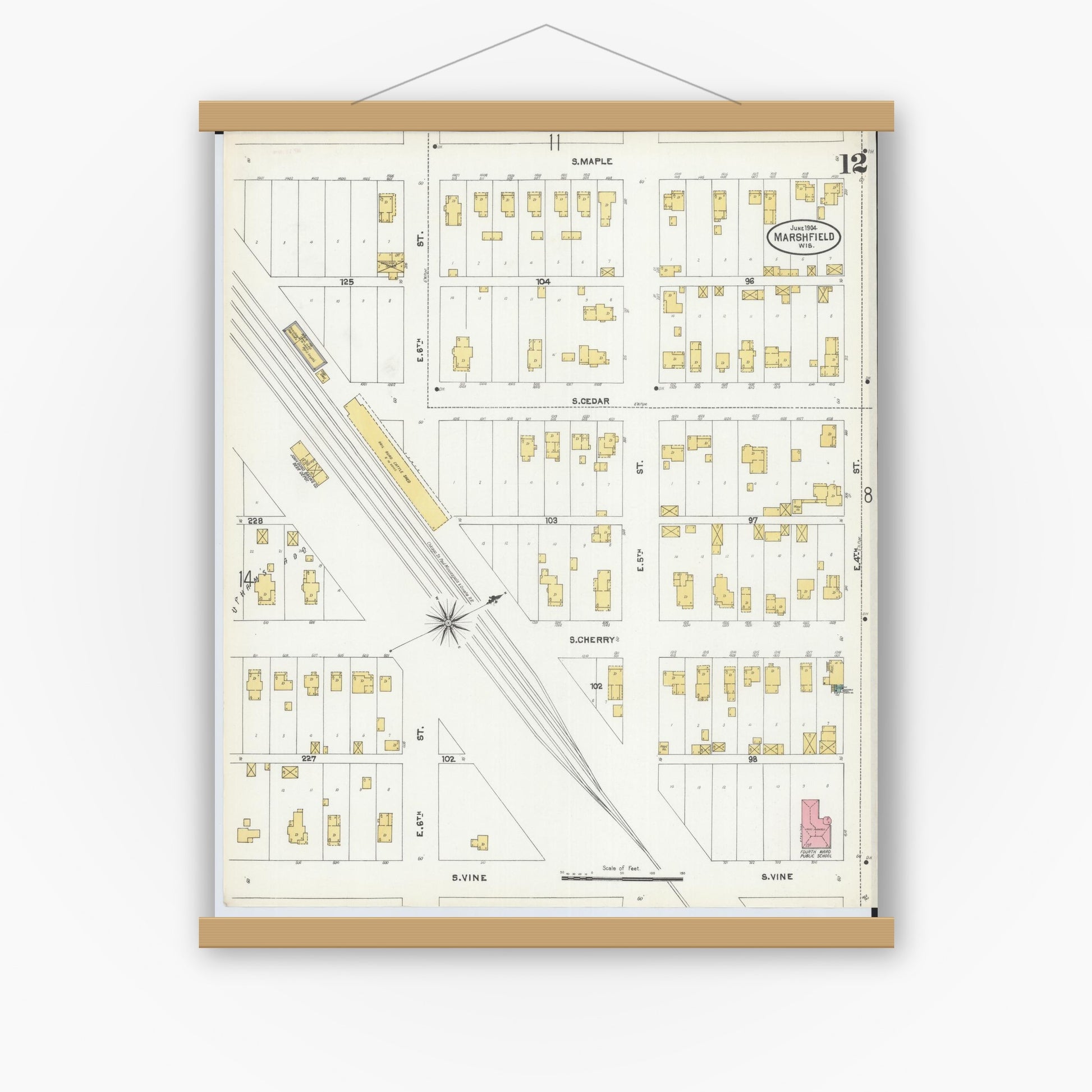 Old map wall art mockup — magnetic wood frame on white wall — Sanborn Fire Insurance Map from Marshfield, Wood County, Wisconsin (1904), Sheet #0012