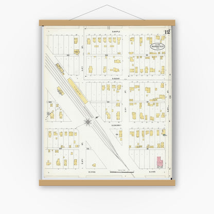Old map wall art mockup — magnetic wood frame on white wall — Sanborn Fire Insurance Map from Marshfield, Wood County, Wisconsin (1904), Sheet #0012