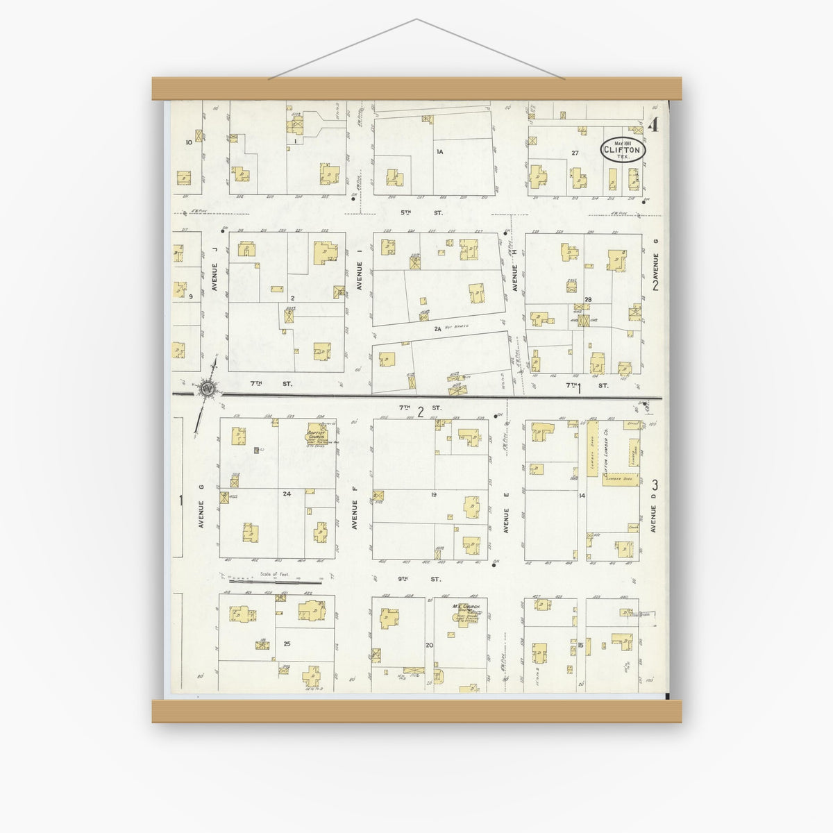 Old map wall art mockup — magnetic wood frame on white wall — Sanborn Fire Insurance Map from Clifton, Bosque County, Texas (1911), Sheet #0004