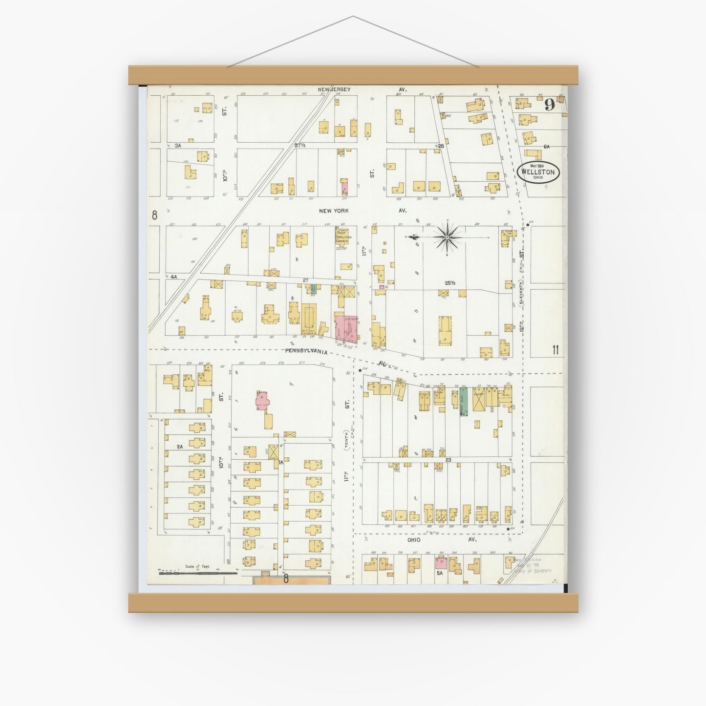 Old map wall art mockup — magnetic wood frame on white wall — Sanborn Fire Insurance Map from Wellston, Jackson County, Ohio (1904), Sheet #0009