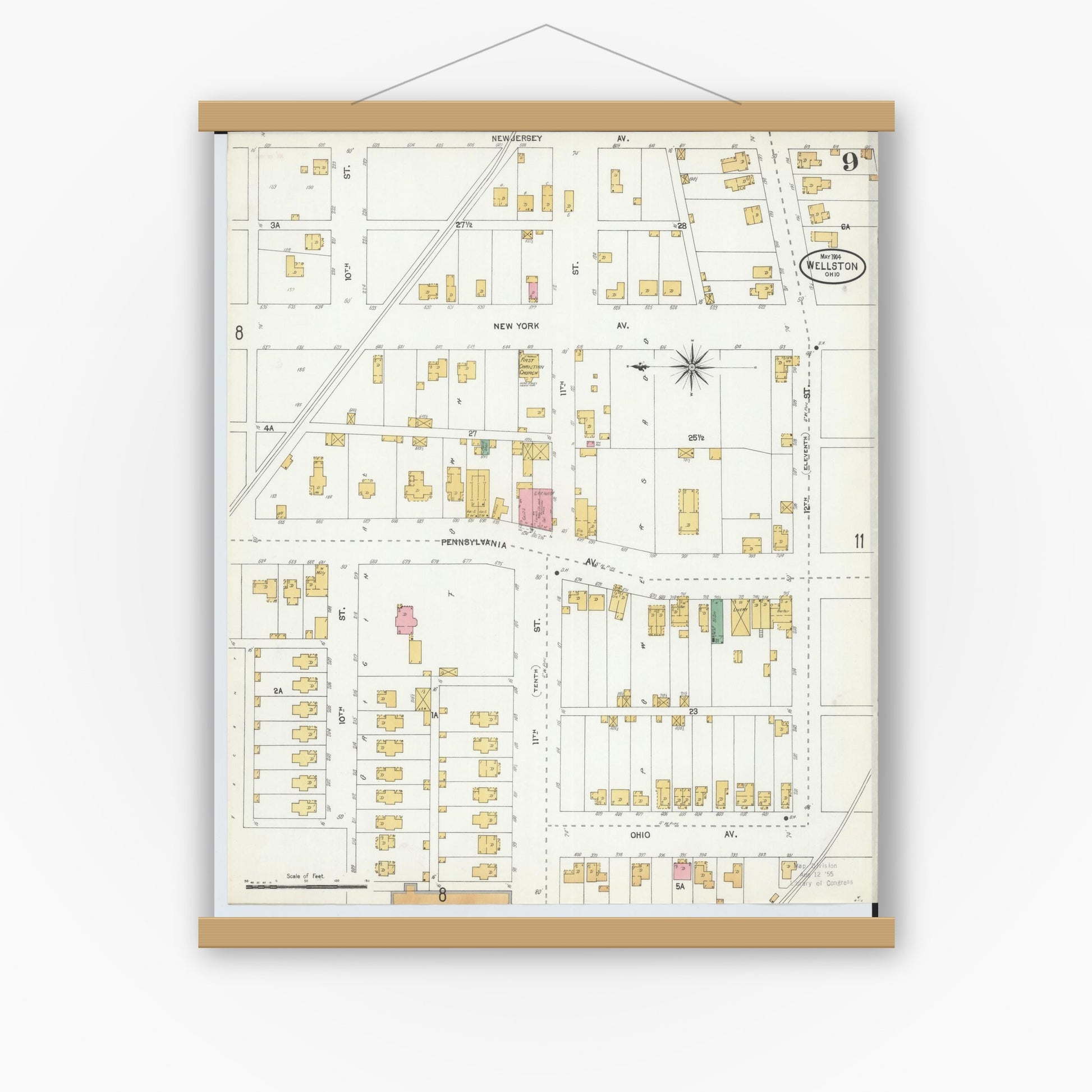 Old map wall art mockup — magnetic wood frame on white wall — Sanborn Fire Insurance Map from Wellston, Jackson County, Ohio (1904), Sheet #0009