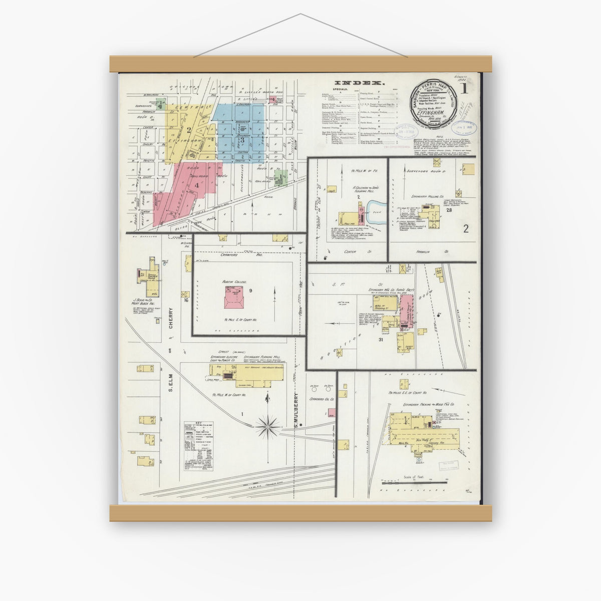 Old map wall art mockup — magnetic wood frame on white wall — Sanborn Fire Insurance Map from Effingham, Effingham County, Illinois (1898) - Complete Map Set