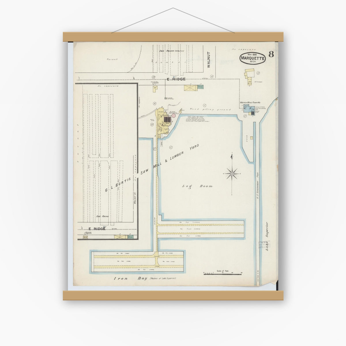 Old map wall art mockup — magnetic wood frame on white wall — Sanborn Fire Insurance Map from Marquette, Marquette County, Michigan (1888), Sheet #0008