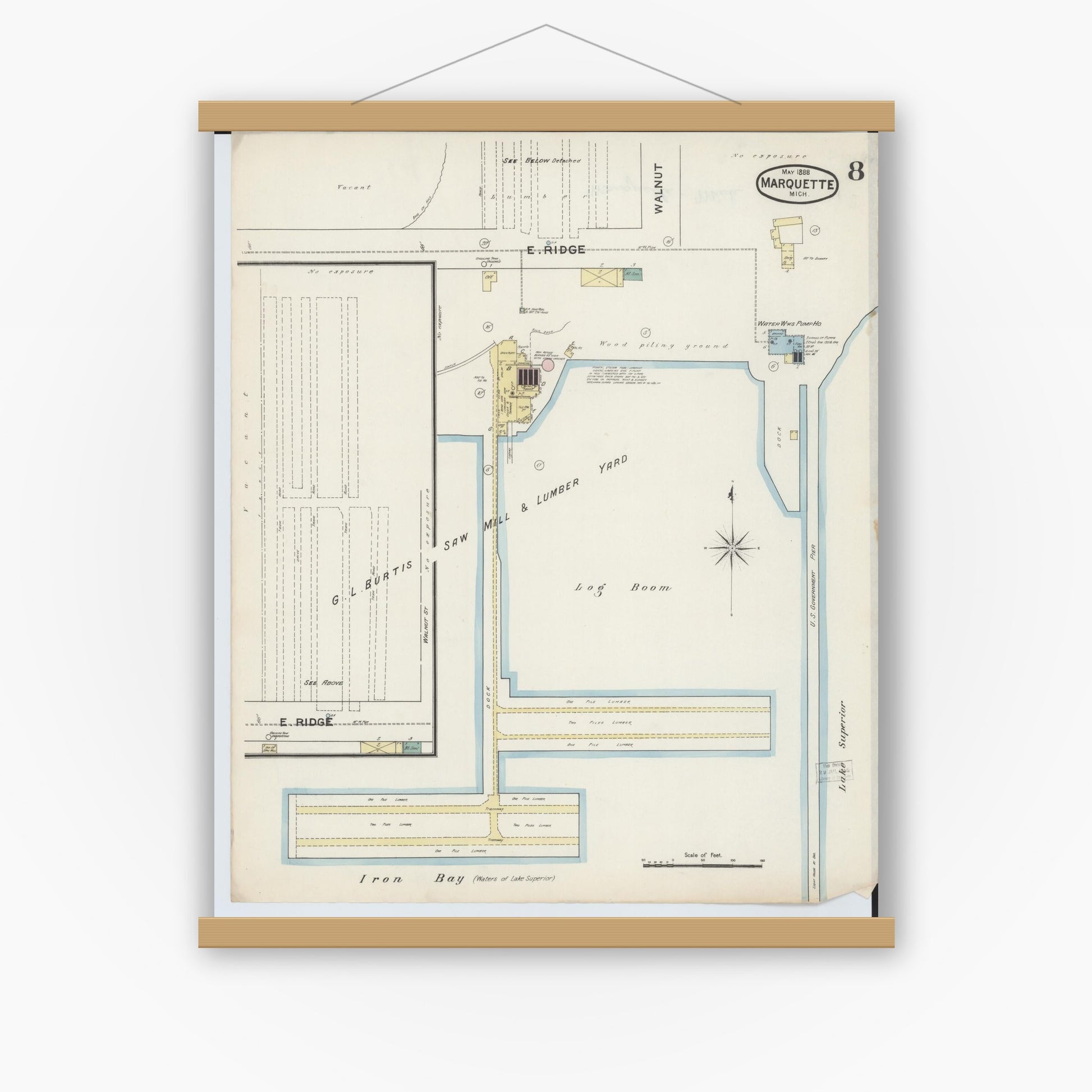 Old map wall art mockup — magnetic wood frame on white wall — Sanborn Fire Insurance Map from Marquette, Marquette County, Michigan (1888), Sheet #0008