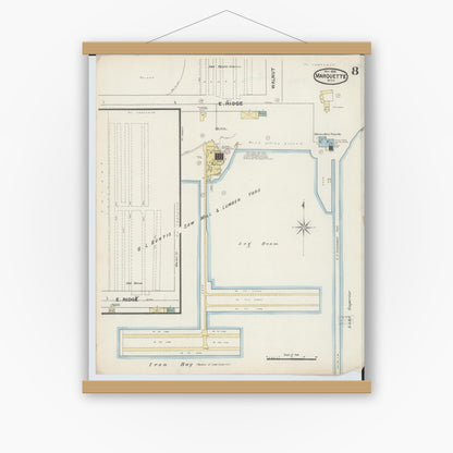 Old map wall art mockup — magnetic wood frame on white wall — Sanborn Fire Insurance Map from Marquette, Marquette County, Michigan (1888), Sheet #0008