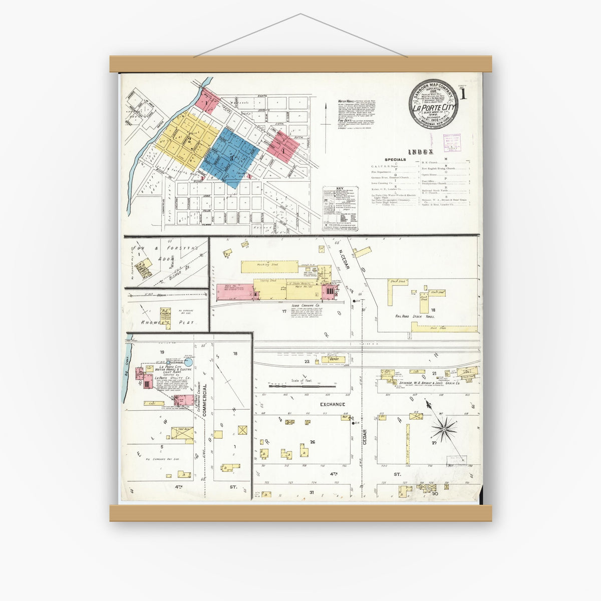 Old map wall art mockup — magnetic wood frame on white wall — Sanborn Fire Insurance Map from La Porte City, Black Hawk County, Iowa (1906), Sheet #0001
