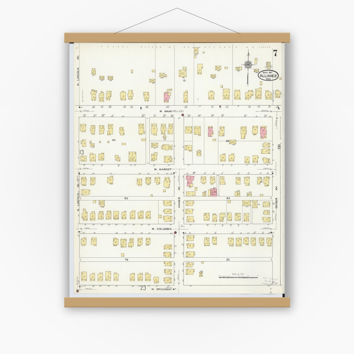 Old map wall art mockup — magnetic wood frame on white wall — Sanborn Fire Insurance Map from Alliance, Stark County, Ohio (1911), Sheet #0007