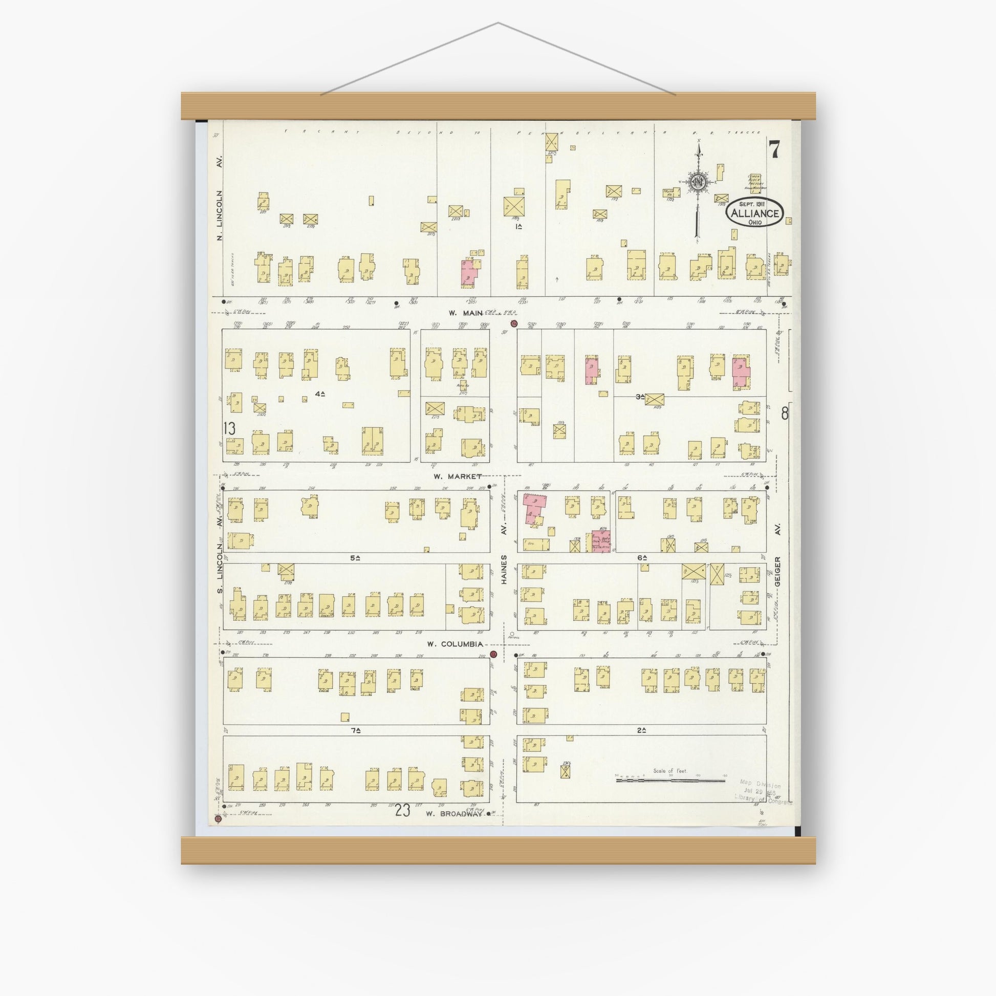Old map wall art mockup — magnetic wood frame on white wall — Sanborn Fire Insurance Map from Alliance, Stark County, Ohio (1911), Sheet #0007