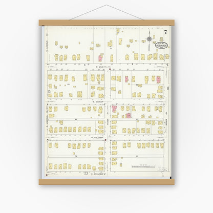Old map wall art mockup — magnetic wood frame on white wall — Sanborn Fire Insurance Map from Alliance, Stark County, Ohio (1911), Sheet #0007