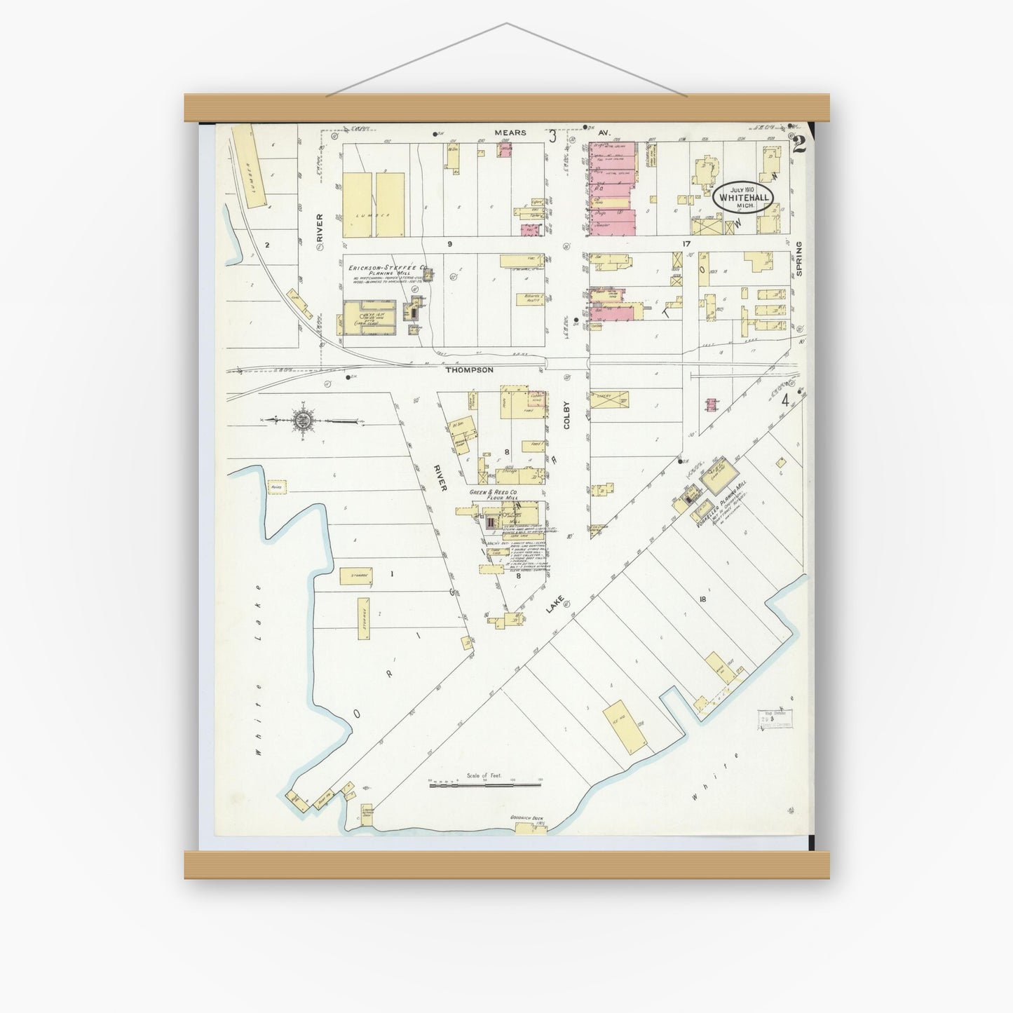 Old map wall art mockup — magnetic wood frame on white wall — Sanborn Fire Insurance Map from Whitehall, Muskegon County, Michigan (1910), Sheet #0002
