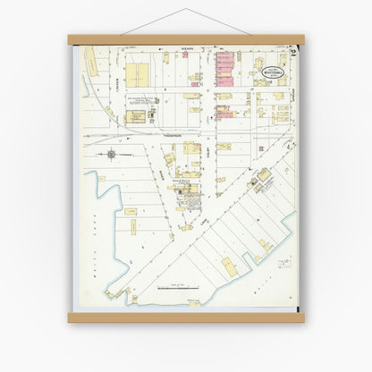 Old map wall art mockup — magnetic wood frame on white wall — Sanborn Fire Insurance Map from Whitehall, Muskegon County, Michigan (1910), Sheet #0002