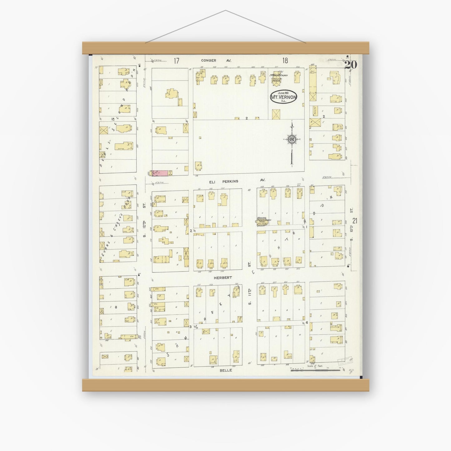 Old map wall art mockup — magnetic wood frame on white wall — Sanborn Fire Insurance Map from Mount Vernon, Jefferson County, Illinois (1913), Sheet #0020