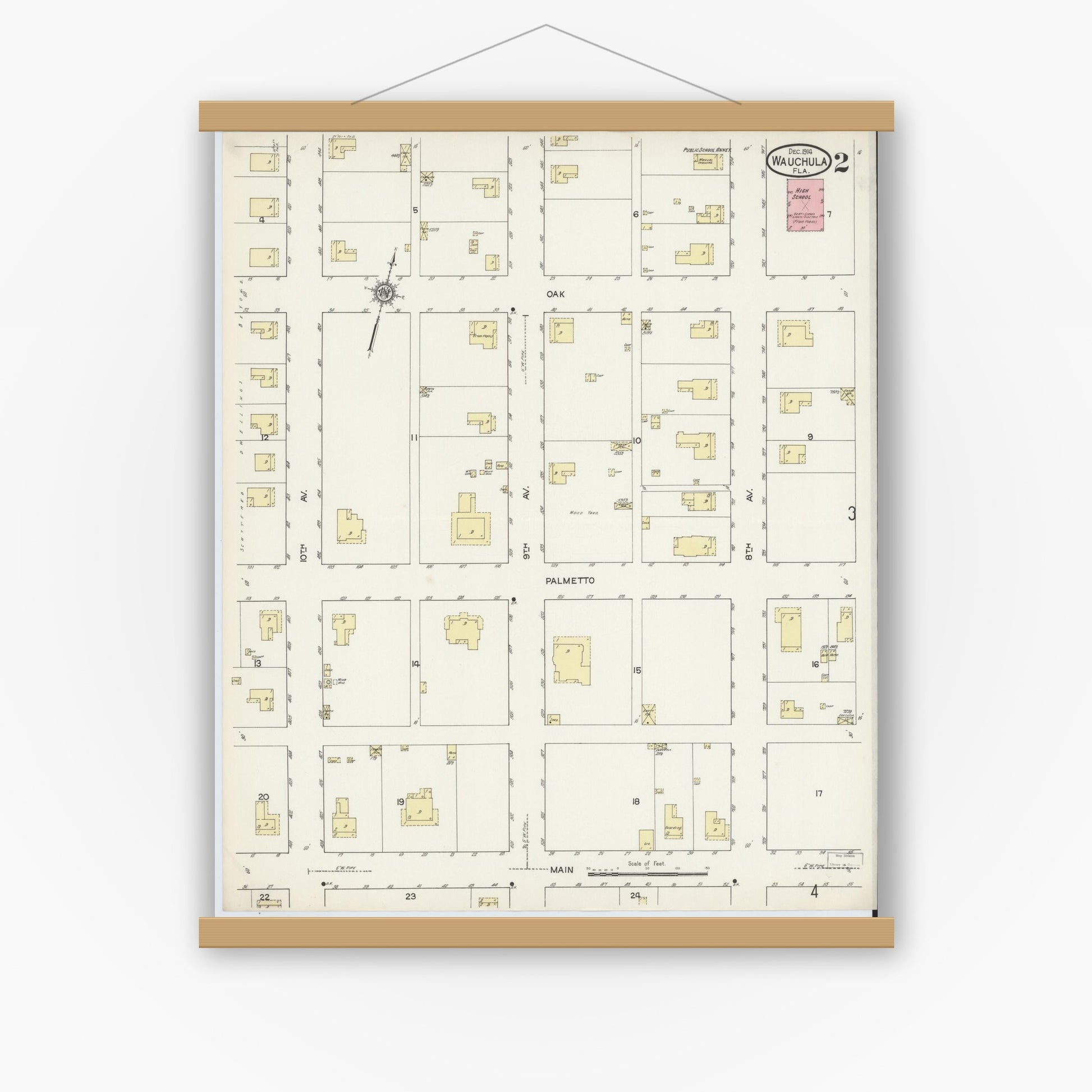 Old map wall art mockup — magnetic wood frame on white wall — Sanborn Fire Insurance Map from Wauchula, Hardee County, Florida (1914), Sheet #0002