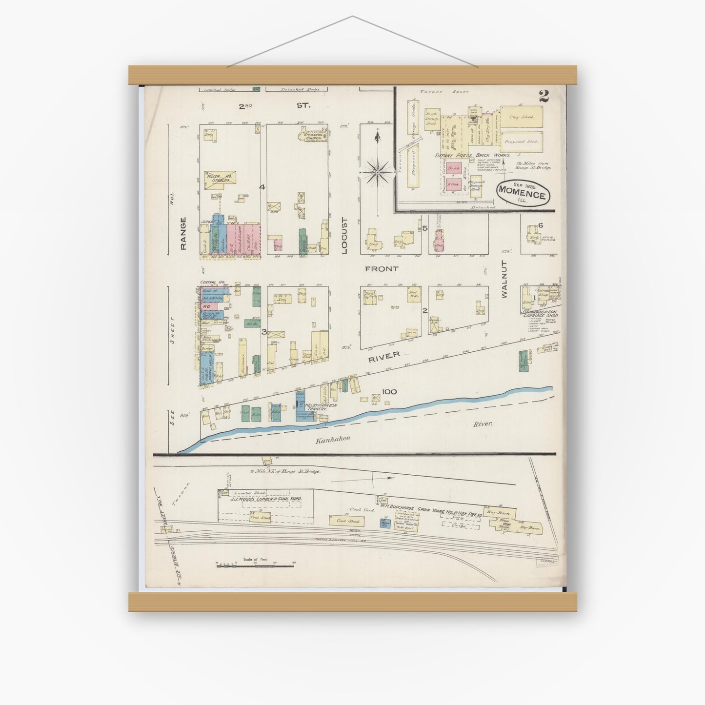 Old map wall art mockup — magnetic wood frame on white wall — Sanborn Fire Insurance Map from Momence, Kankakee County, Illinois (1885), Sheet #0002