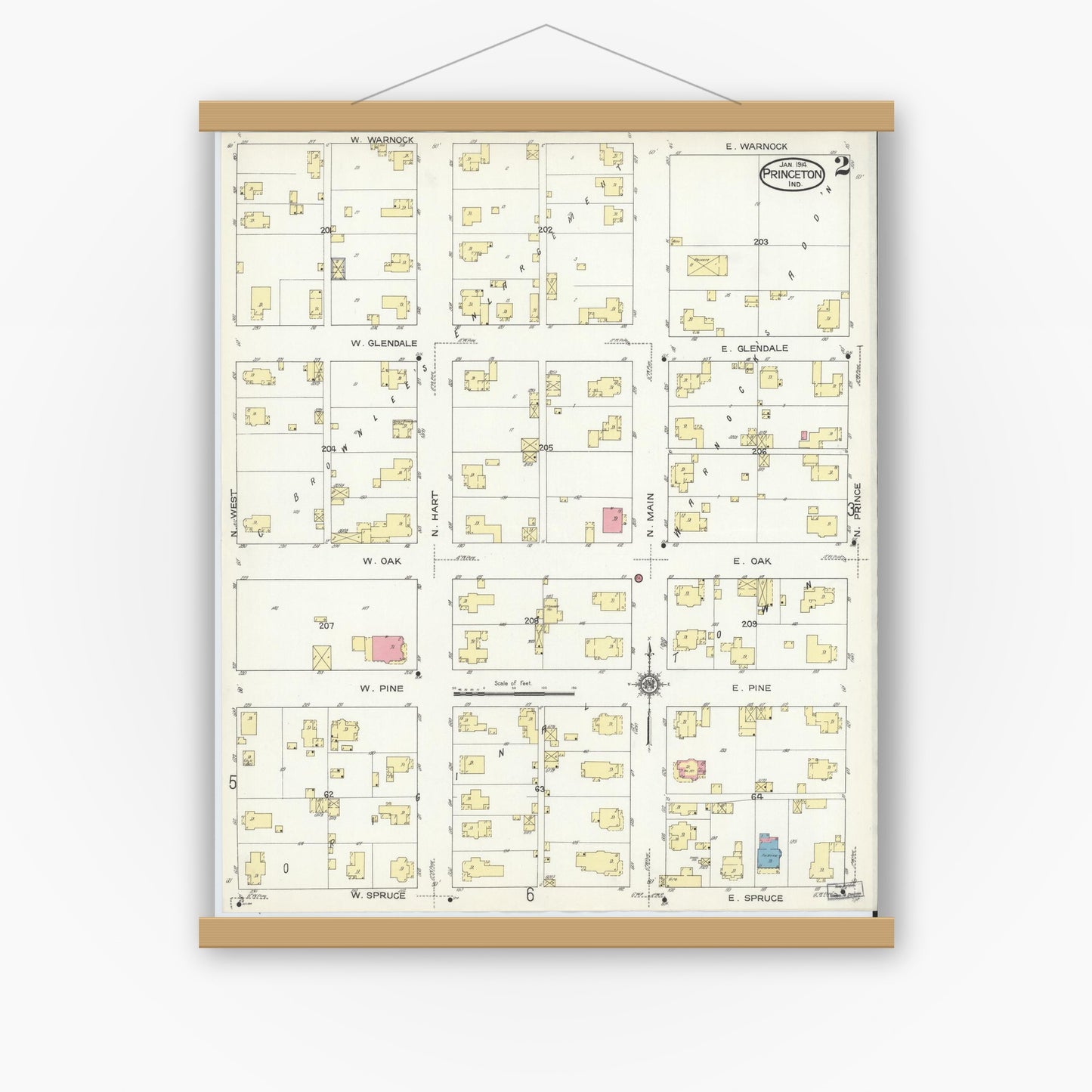 Old map wall art mockup — magnetic wood frame on white wall — Sanborn Fire Insurance Map from Princeton, Gibson County, Indiana (1914), Sheet #0002