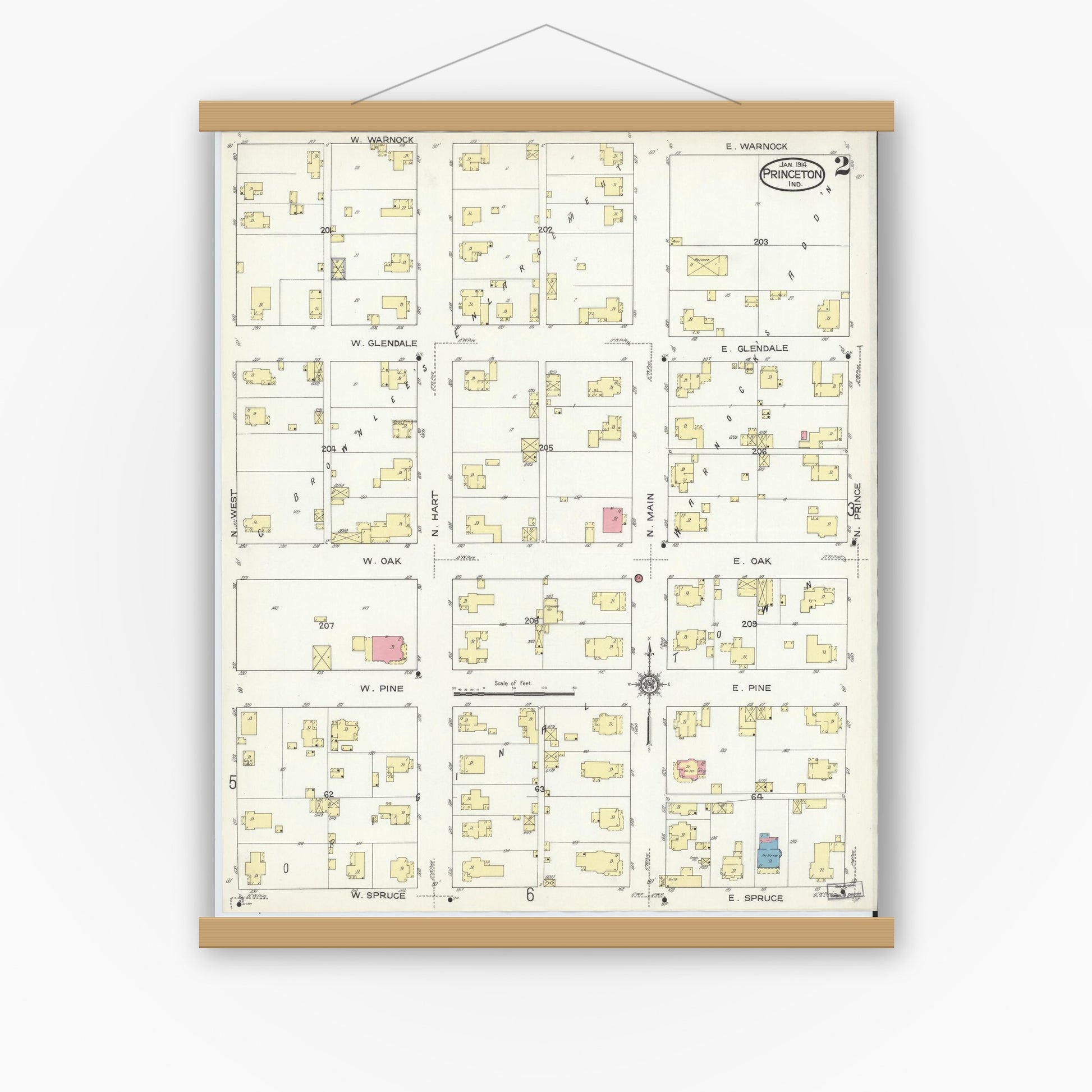 Old map wall art mockup — magnetic wood frame on white wall — Sanborn Fire Insurance Map from Princeton, Gibson County, Indiana (1914), Sheet #0002