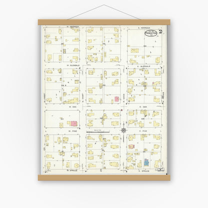 Old map wall art mockup — magnetic wood frame on white wall — Sanborn Fire Insurance Map from Princeton, Gibson County, Indiana (1914), Sheet #0002