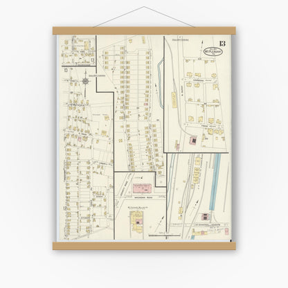 Old map wall art mockup — magnetic wood frame on white wall — Sanborn Fire Insurance Map from Mount Pleasant, Westmoreland County, Pennsylvania (1914), Sheet #0013