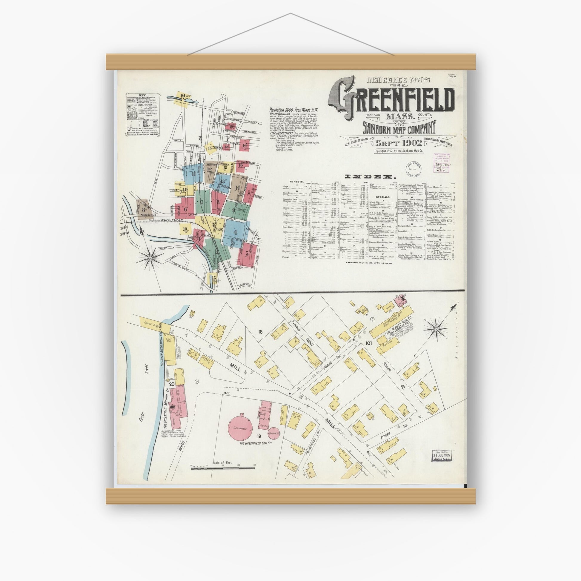 Old map wall art mockup — magnetic wood frame on white wall — Sanborn Fire Insurance Map from Greenfield, Franklin County, Massachusetts (1902) - Complete Map Set