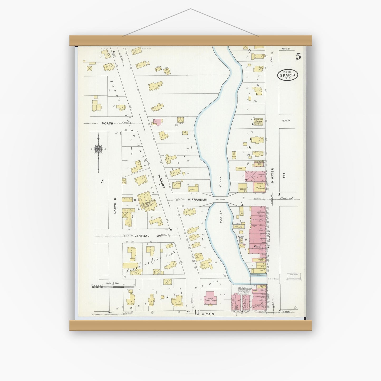 Old map wall art mockup — magnetic wood frame on white wall — Sanborn Fire Insurance Map from Sparta, Monroe County, Wisconsin (1911), Sheet #0005