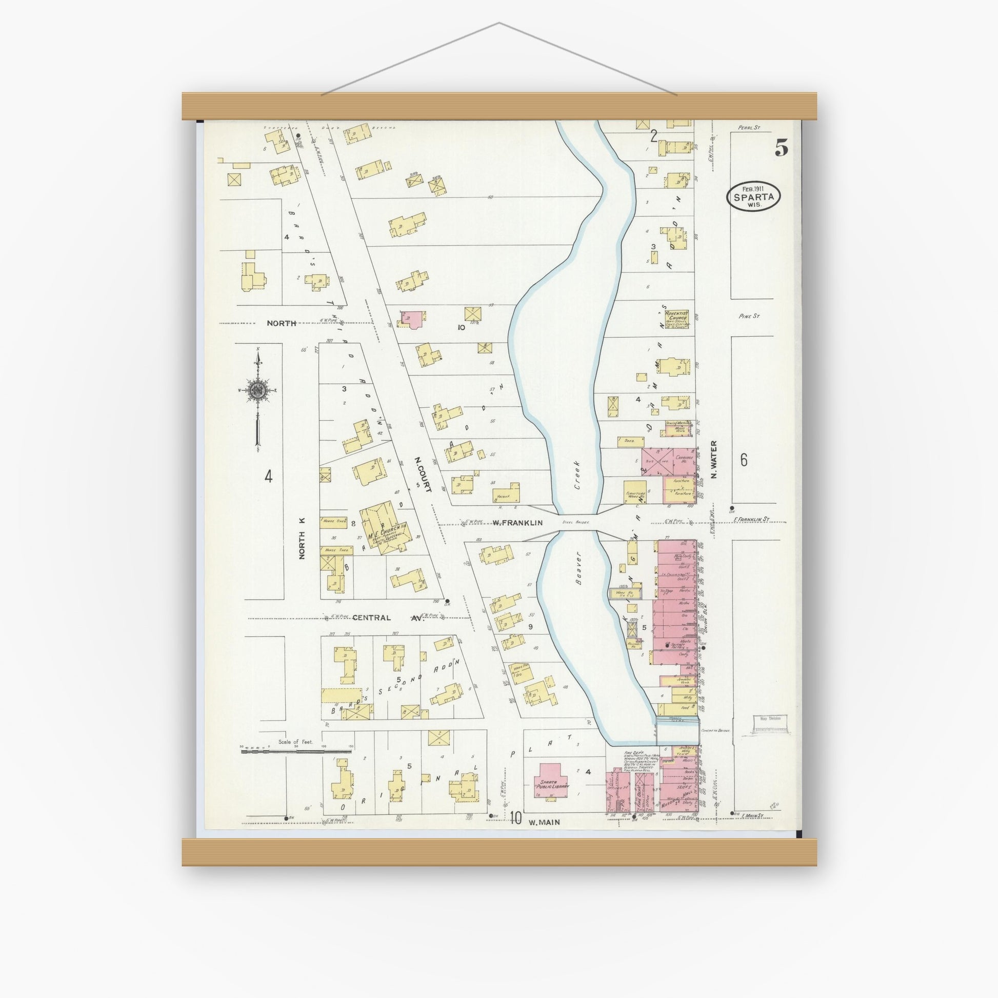 Old map wall art mockup — magnetic wood frame on white wall — Sanborn Fire Insurance Map from Sparta, Monroe County, Wisconsin (1911), Sheet #0005