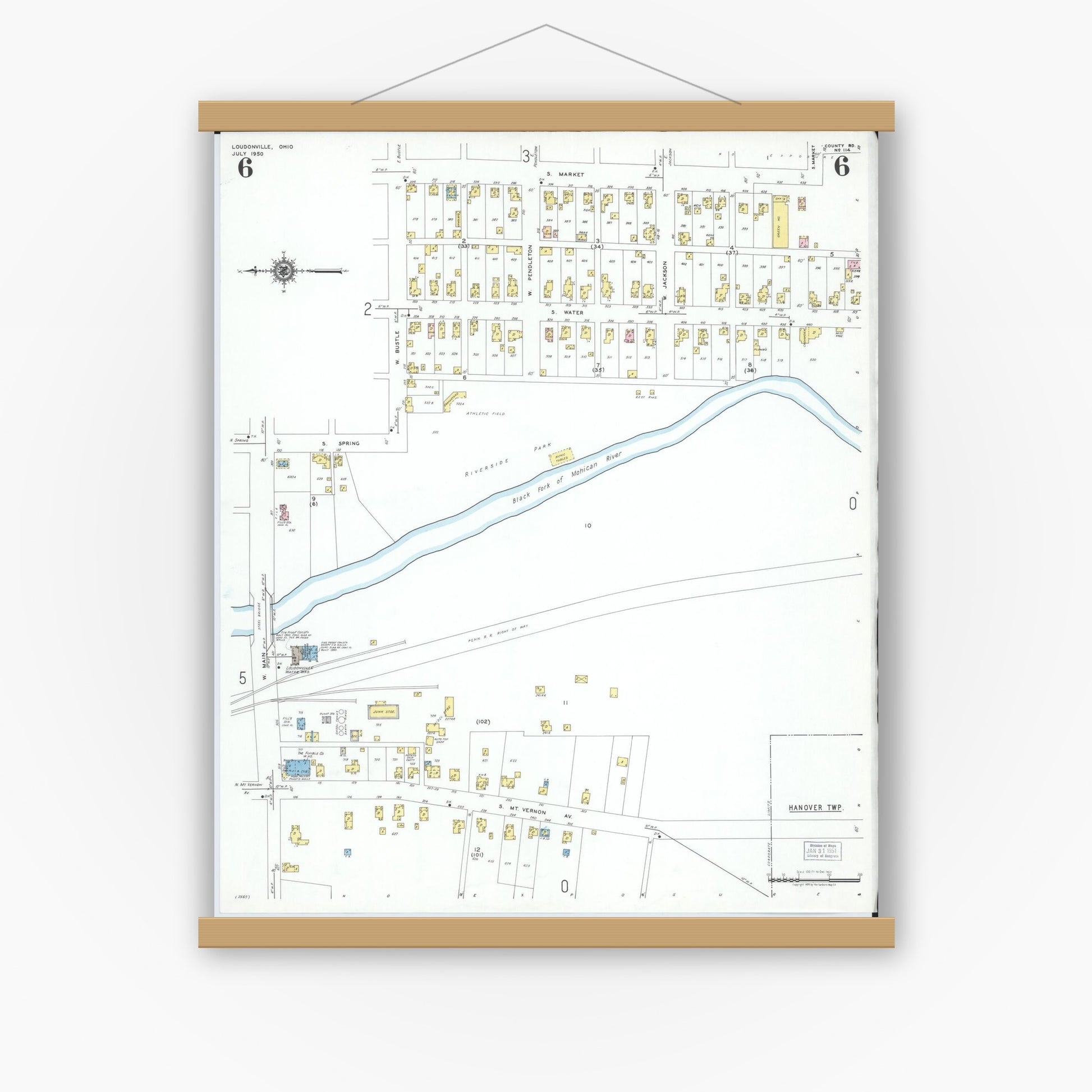 Old map wall art mockup — magnetic wood frame on white wall — Sanborn Fire Insurance Map from Loudonville, Ashland County, Ohio (1950), Sheet #0006