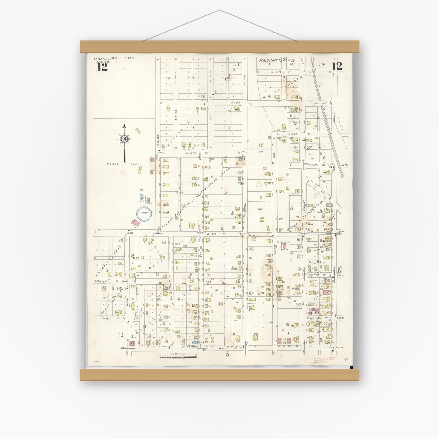 Old map wall art mockup — magnetic wood frame on white wall — Sanborn Fire Insurance Map from Trenton, Grundy County, Missouri (1948), Sheet #0012