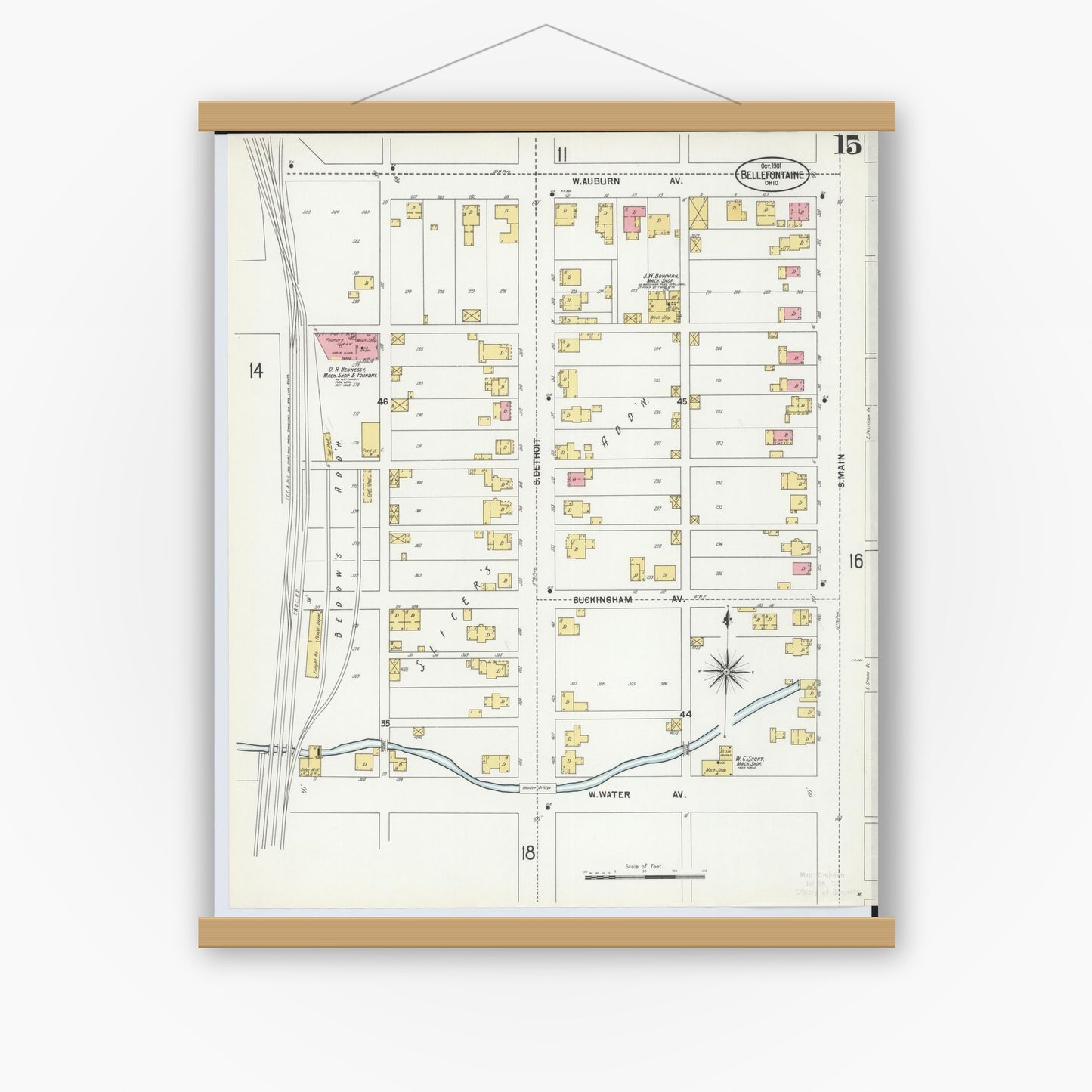 Old map wall art mockup — magnetic wood frame on white wall — Sanborn Fire Insurance Map from Bellefontaine, Logan County, Ohio (1901), Sheet #0015