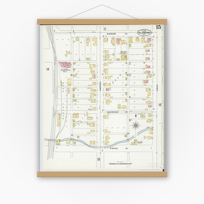 Old map wall art mockup — magnetic wood frame on white wall — Sanborn Fire Insurance Map from Bellefontaine, Logan County, Ohio (1901), Sheet #0015