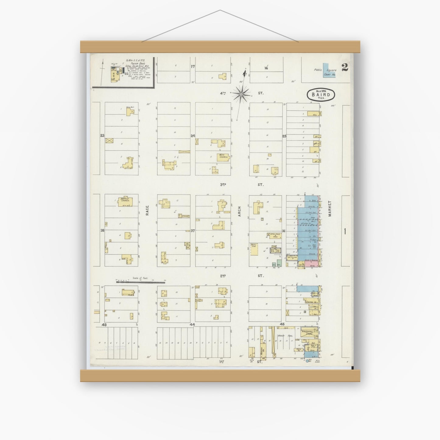 Old map wall art mockup — magnetic wood frame on white wall — Sanborn Fire Insurance Map from Baird, Callahan County, Texas (1896), Sheet #0002