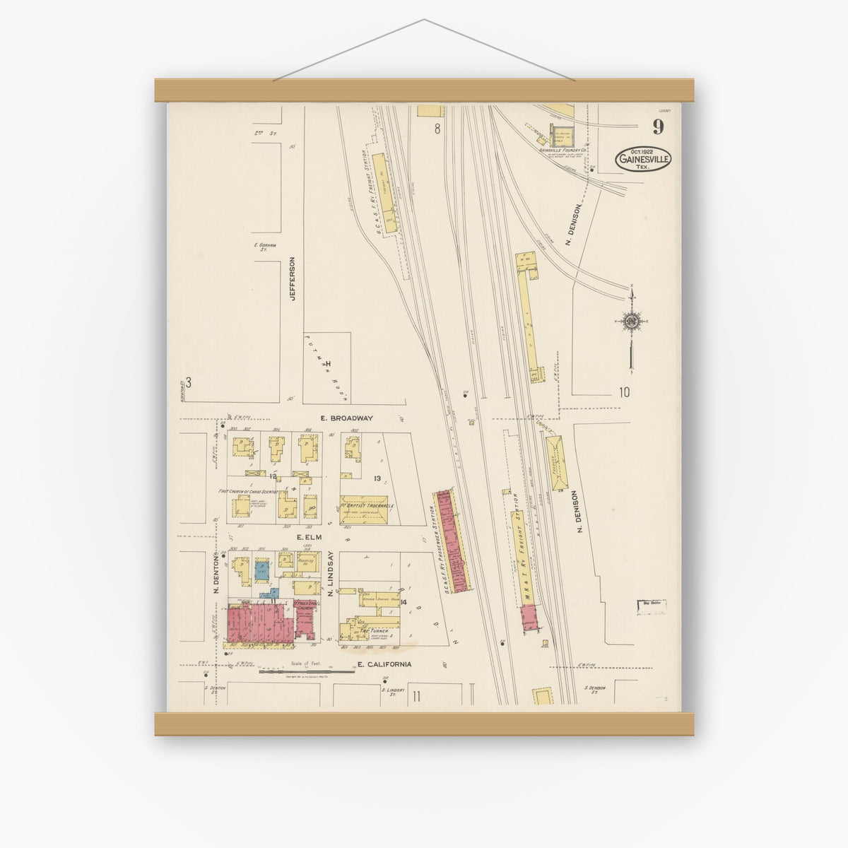 Old map wall art mockup — magnetic wood frame on white wall — Sanborn Fire Insurance Map from Gainesville, Cooke County, Texas (1922), Sheet #0009