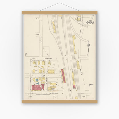 Old map wall art mockup — magnetic wood frame on white wall — Sanborn Fire Insurance Map from Gainesville, Cooke County, Texas (1922), Sheet #0009