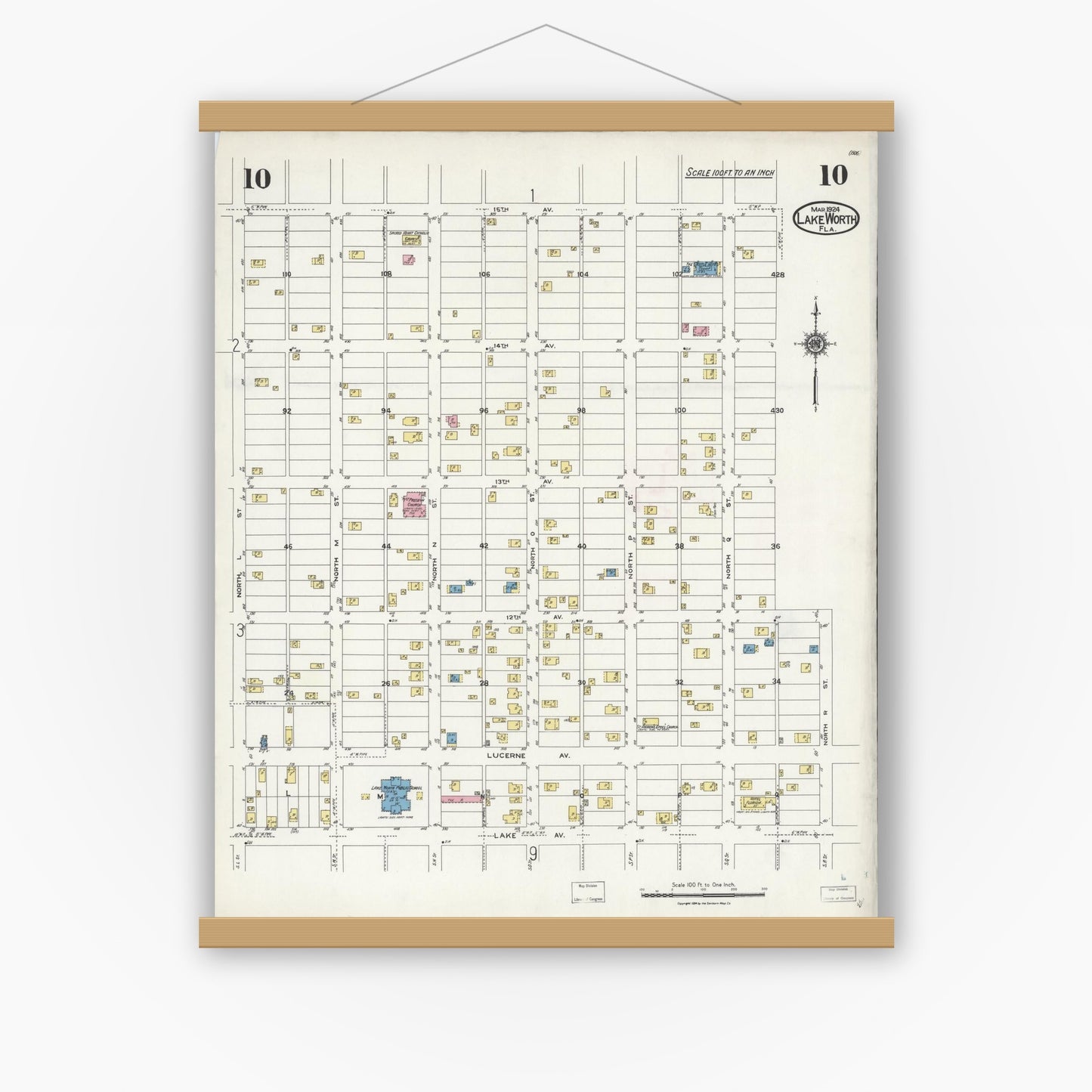 Old map wall art mockup — magnetic wood frame on white wall — Sanborn Fire Insurance Map from Lake Worth, Palm Beach County, Florida (1924), Sheet #0010