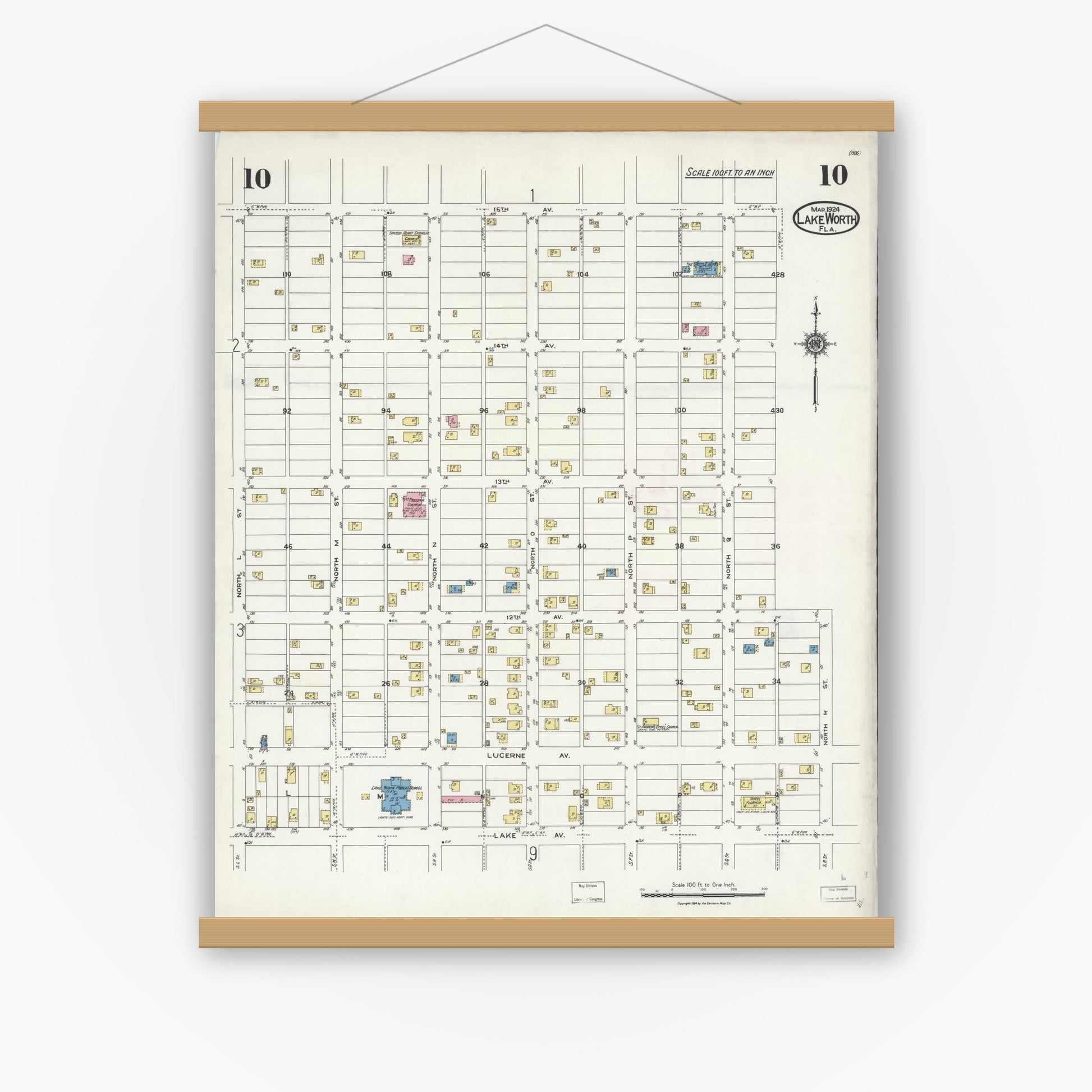Old map wall art mockup — magnetic wood frame on white wall — Sanborn Fire Insurance Map from Lake Worth, Palm Beach County, Florida (1924), Sheet #0010