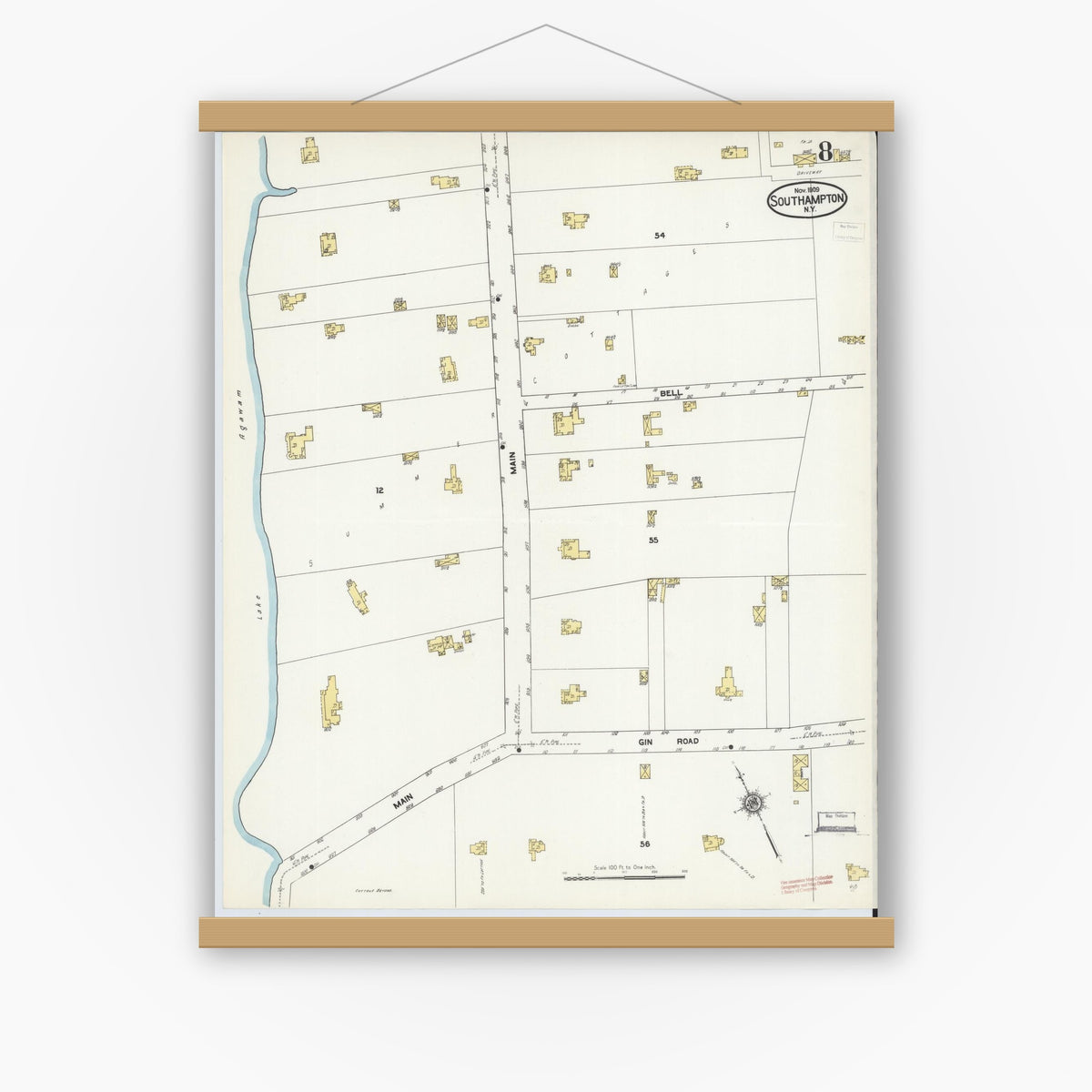 Old map wall art mockup — magnetic wood frame on white wall — Sanborn Fire Insurance Map from Southampton, Suffolk County, New York (1909), Sheet #0008