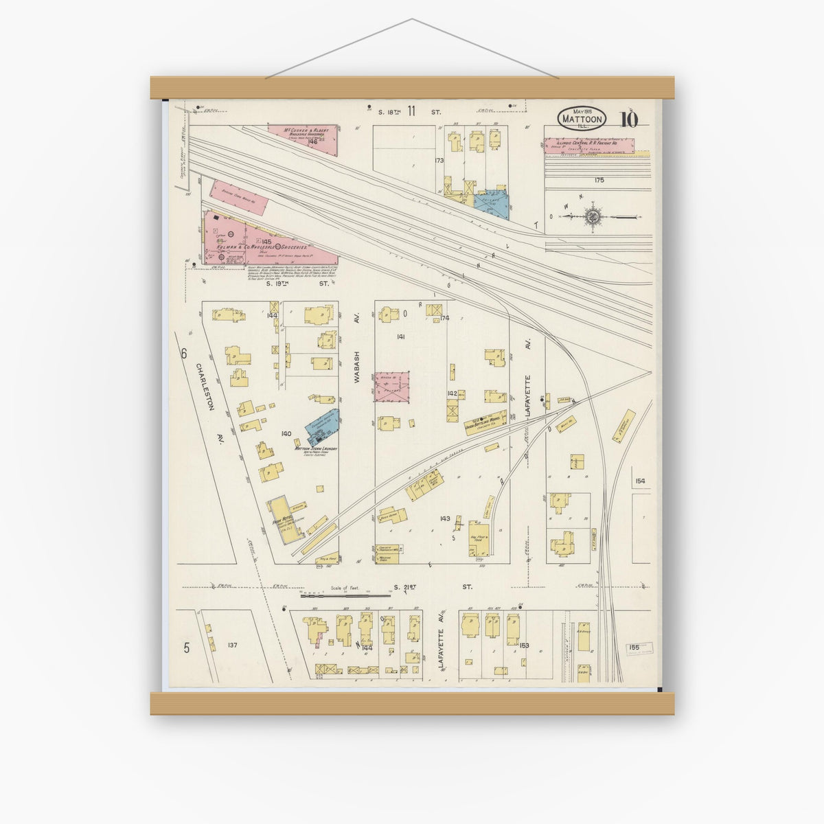 Old map wall art mockup — magnetic wood frame on white wall — Sanborn Fire Insurance Map from Mattoon, Coles County, Illinois (1915), Sheet #0010