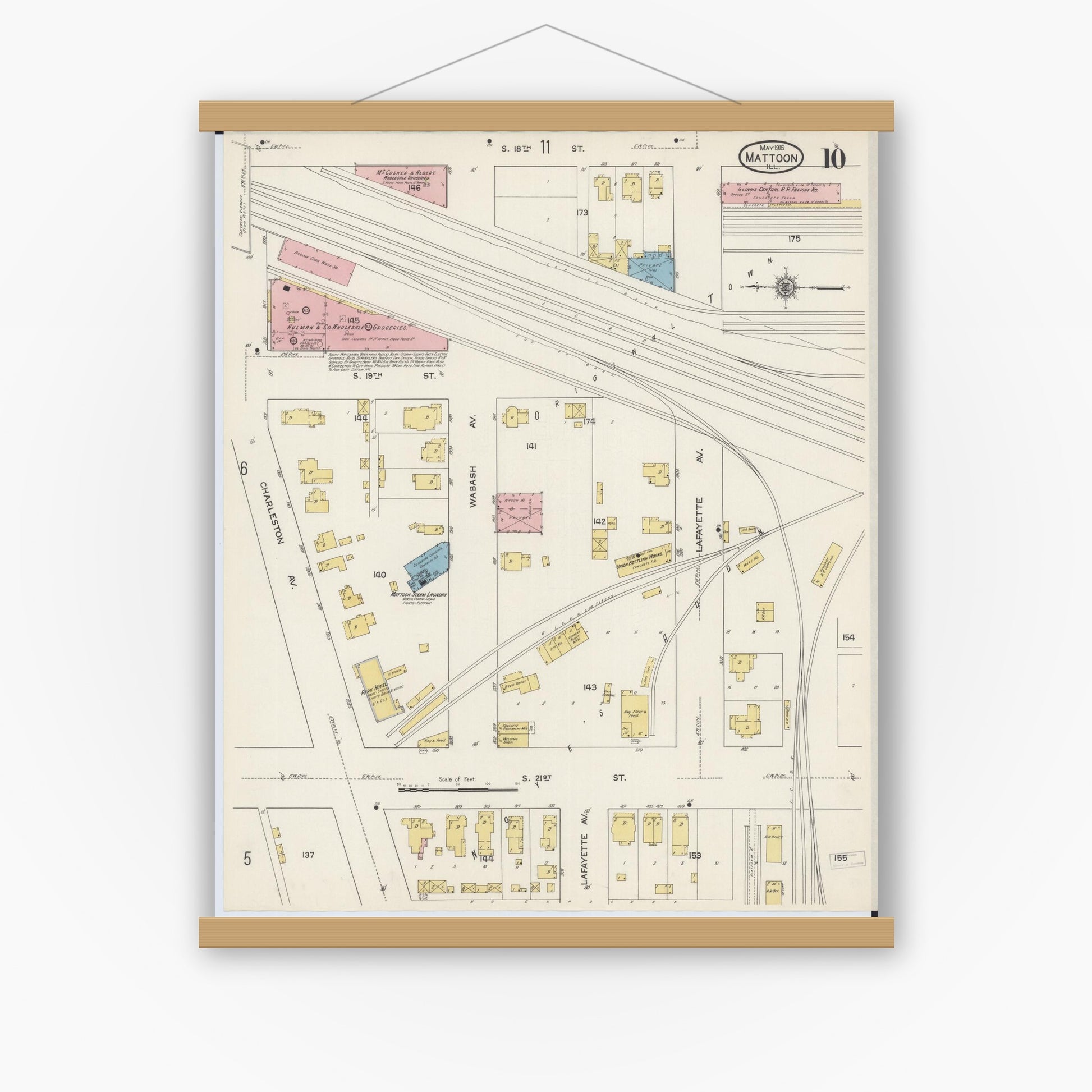 Old map wall art mockup — magnetic wood frame on white wall — Sanborn Fire Insurance Map from Mattoon, Coles County, Illinois (1915), Sheet #0010