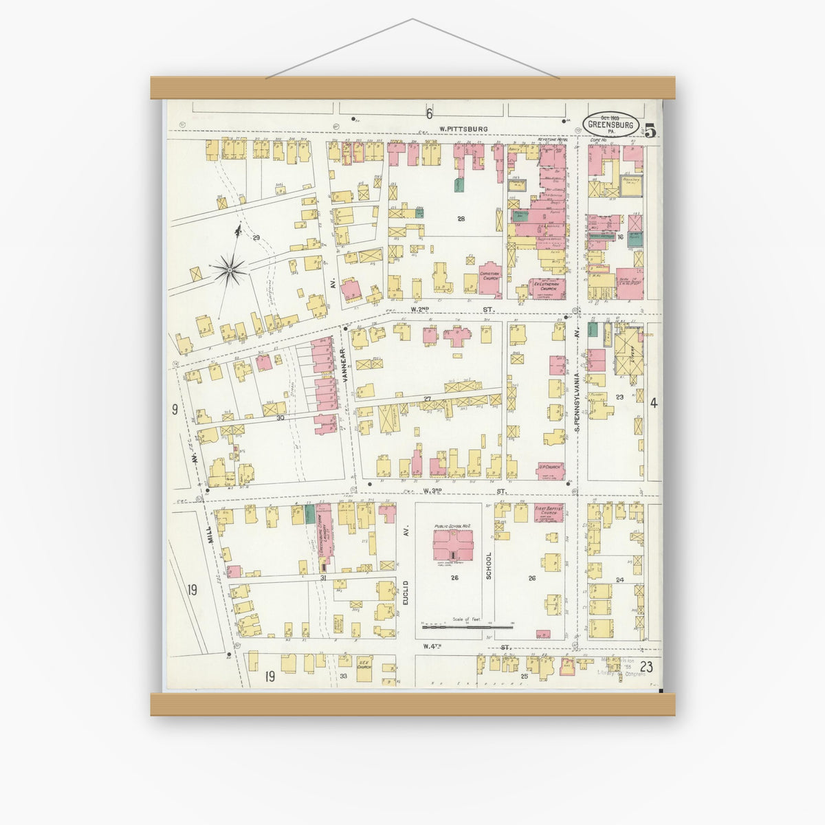 Old map wall art mockup — magnetic wood frame on white wall — Sanborn Fire Insurance Map from Greensburg, Westmoreland County, Pennsylvania (1903), Sheet #0005