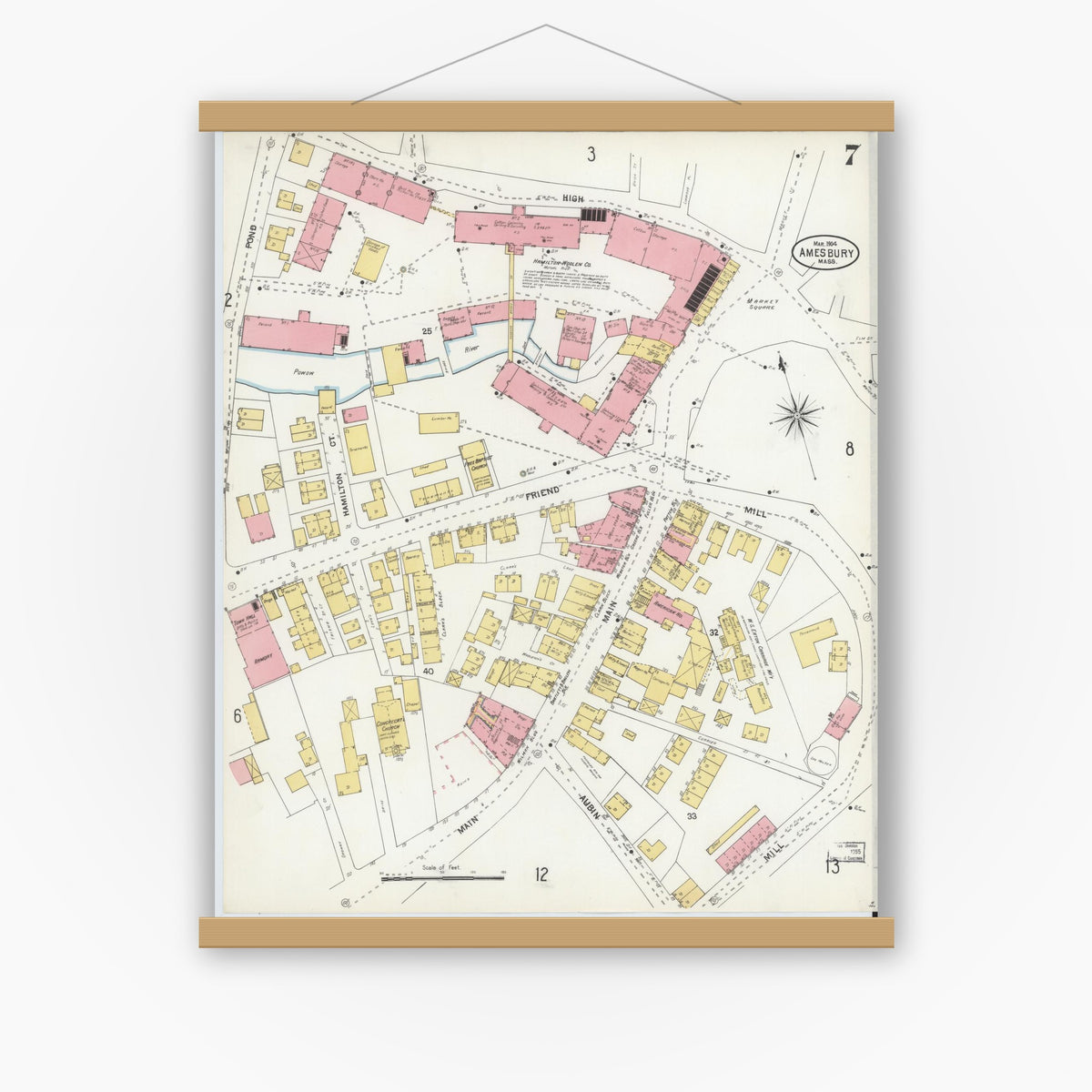 Old map wall art mockup — magnetic wood frame on white wall — Sanborn Fire Insurance Map from Amesbury, Essex County, Massachusetts (1904), Sheet #0007